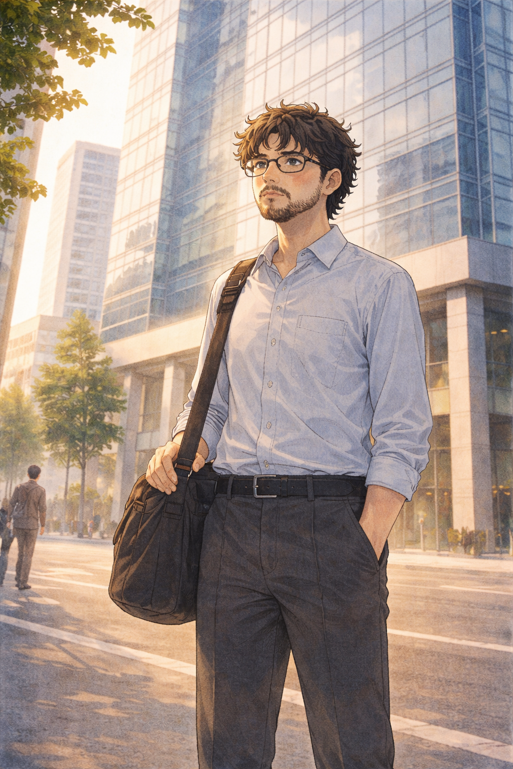 Faris stands outside a modern office building on his first day of work. Early morning light, a mix of determination and exhaustion.